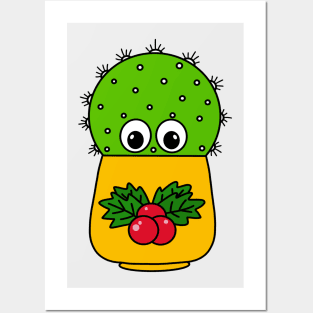 Cute Cactus Design #334: Cute Cactus In Christmas Holly Pot Posters and Art